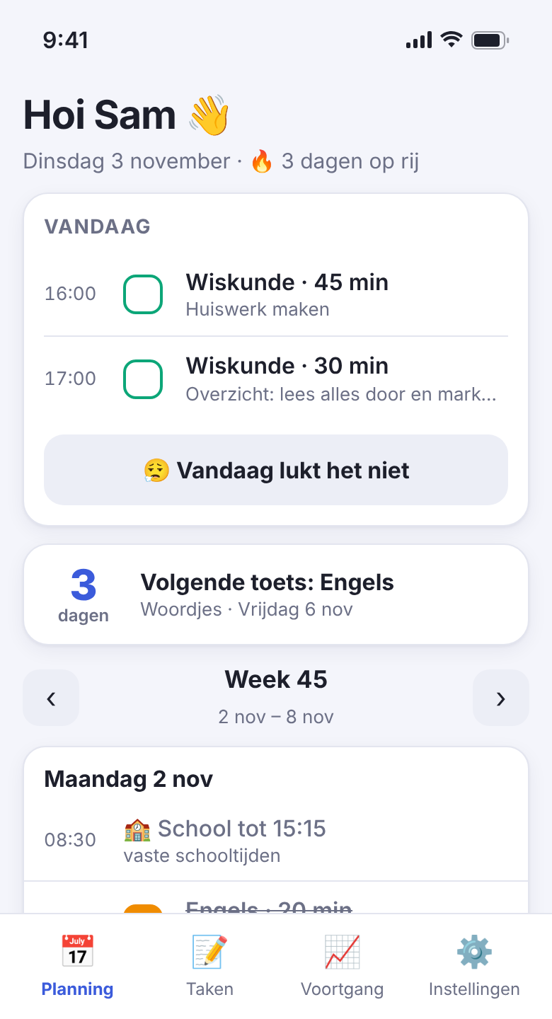 Toetz-app: planning van vandaag met huiswerk en studieblokken rond school