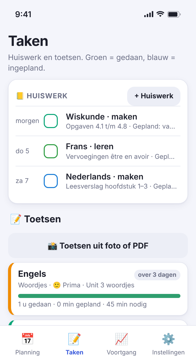 Huiswerk en toetsen in één lijst, met afvinken
