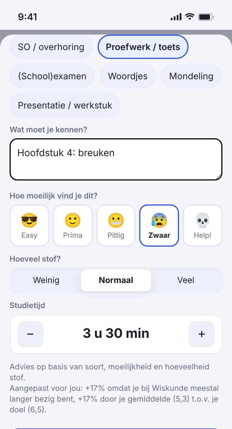 Toets toevoegen met moeilijkheid van Easy tot Help!